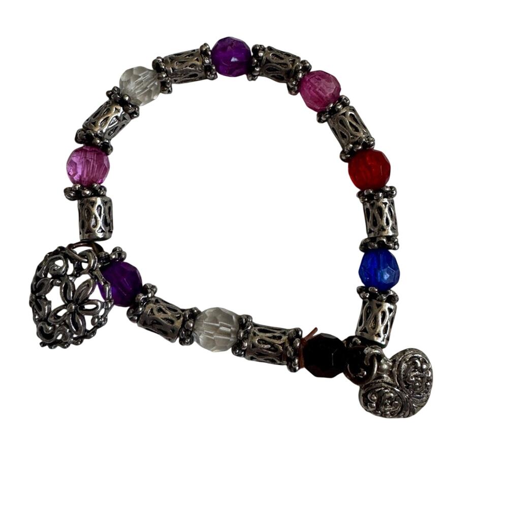 Silver Tone Stretch Charm Bracelet Hearts & Colorful Beads Women Jewelry Costume